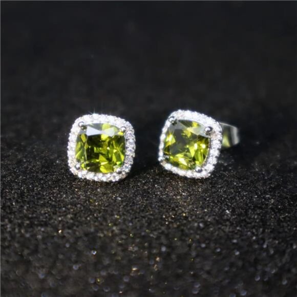 Peridot Halo Stud Earrings Cubic Zirconia Birthstone Simulated Diamond Jewelry - Picture 5 of 7